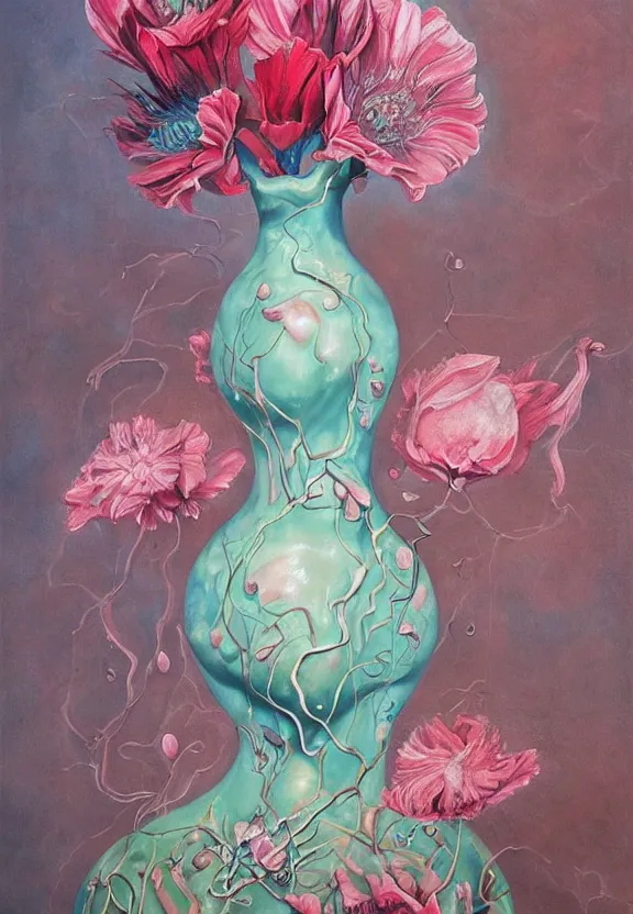 Prompt: a biomorphic painting of a vase with flowers and eyeballs in it, a surrealist painting by marco mazzoni, by dorothea tanning, pastel blues and pinks, lips, featured on artstation, metaphysical painting, oil on canvas, fluid acrylic pour art, airbrush art, seapunk, rococo, lovecraftian