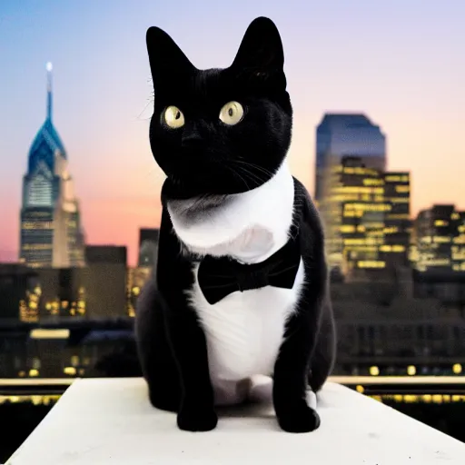 Image similar to photo of black photo of a Tuxedo Cat wearing a top hat, sitting on a rooftop at night time, Philadelphia skyline at night in the background