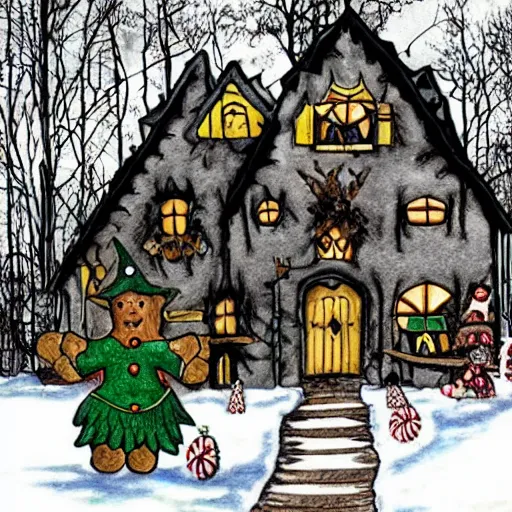 Prompt: a swat team stacked up outside the wicked witch's gingerbread candy cottage front door, ready to bust it down, in the middle of some creepy woods, the wicked witch looks on from the attic window,