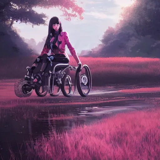 Prompt: concept art by Neil Blevins, James Paick, Natasha Tan Maciej Kuciara, highly detailed, ultra realistic wheelchair user kiss anime girl a clearing with pink grass and a river long-range plan cinematic lighting