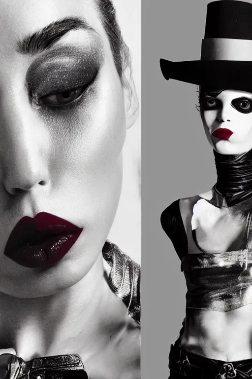 Image similar to margiela campaign featuring amy rose as a female cowgirl, long eyeslashes, big juicy lips, big seductive eyes