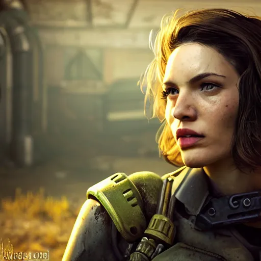 Image similar to fallout 5, charismatic beautiful rugged brunette female protagonist, portrait, outdoors in front of the entrance of vault 1 5 6, atmospheric lighting, painted, intricate, volumetric lighting, beautiful, daytime, sunny weather, slight overcast, sharp focus, deep colours, ultra detailed, by leesha hannigan, ross tran, thierry doizon, kai carpenter, ignacio fernandez rios