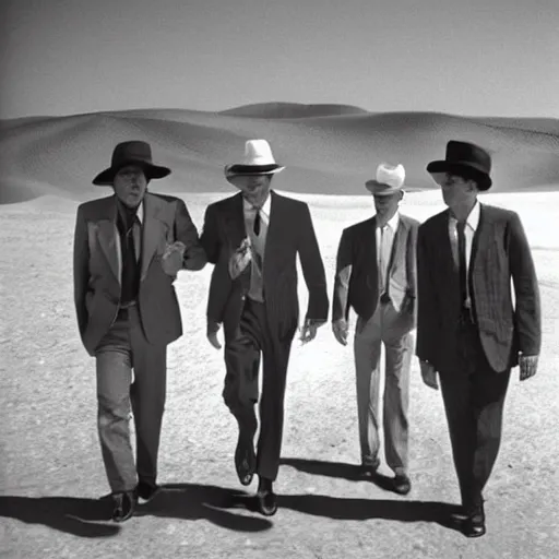 Prompt: three men in suits and hats walking in the desert, a screenshot by rene burri, trending on pinterest, incoherents, # vfxfriday, filmic, # film