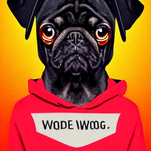 Image similar to a sad pug wearing a hoodie, the word ( sad ) is written on the hoodie in upper case letters, digital art, synthwave style, trending on artstation, matte painting