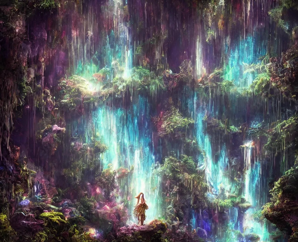 Prompt: oil painting, space flower fairy, waterfall, space, underground lake, stalactites, dungeon, underground scene, cave, glowing threads of drop, solitude under a waterfall, stars, star rain, rich deep colors masterpiece, ultra detailed, beautiful fantasy, contrast, volumetric light, atmospheric lighting, cinematic, steampunk, moody, octane render 4 k, 8 k
