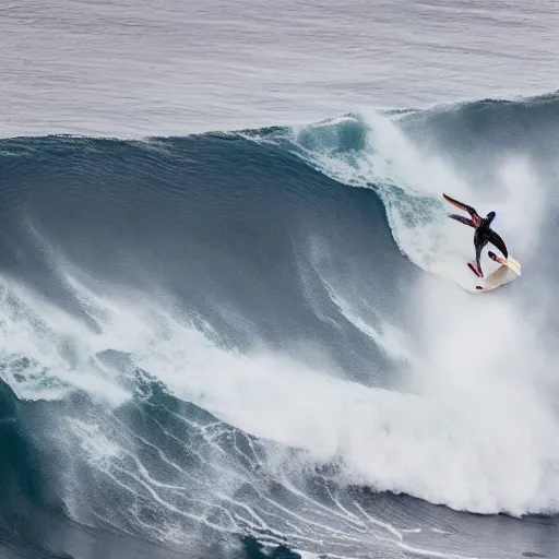 Prompt: a medium rare steak surfing 5 0 foot waves, tsunami surfing aerial photography