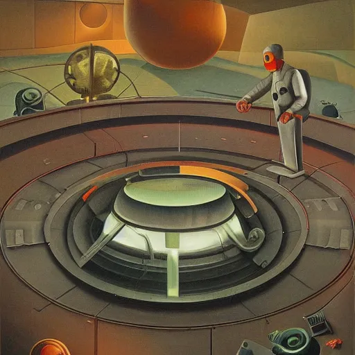 Image similar to robot being reanimated inside a dome - shaped control center, evil lair, pj crook, grant wood, oil on canvas