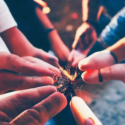 Image similar to photograph of people bonding around a firecircle, kismet, shot from behind, no faces visible, bokeh, atmospheric, desert