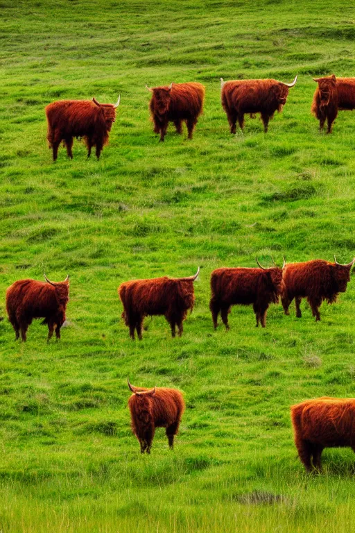 Prompt: highland cattle on a field with high grass and light fog