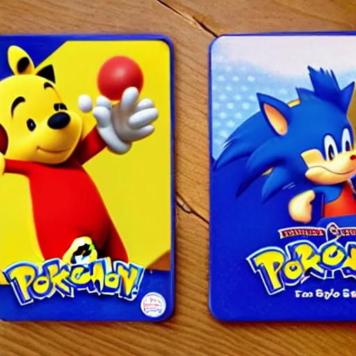 Image similar to photograph of winnie the pooh and super mario and sonic the hedgehog anime style, on pokemon card packs at target