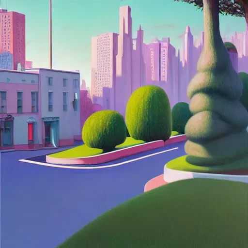 Image similar to pop-surrealist city painting, octane render, unreal engine, trees and pines everywhere, very nice pastel colors, lights and shadows, glowing hot sun, very coherent, Houdini algorithmic generative art, painted by Edward Hopper, Wayne Barlowe, painted by James Gilleard, airbrush, art by WLOP, artgerm and James Jean
