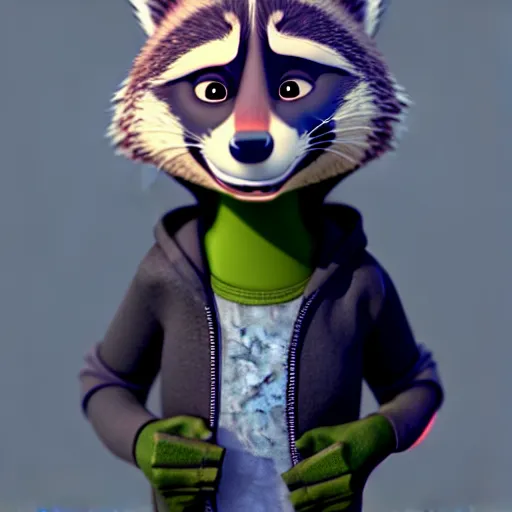 Prompt: a stoner with a black hoodie on with a marijuana themed dark green raccoon head from zootopia, 3 d, blender 3 d, render, extremely detailed, 8 k, has red eyes and a relaxed expression