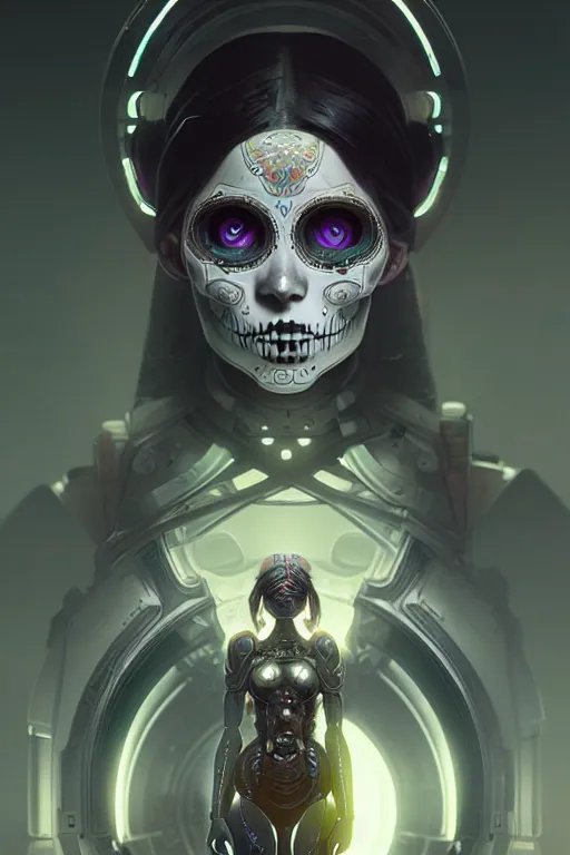 Image similar to ultra detailed Female Android, scifi, manga, octane render, (dia de los muertos), asymmetrical, intricate concept art, art by Godmachine and michael welan and DZO and greg rutkowski and alphonse mucha and loish and WLOP