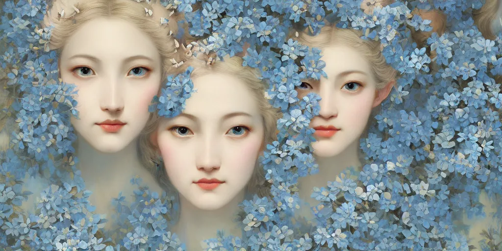Image similar to breathtaking detailed concept art painting art deco pattern of blonde faces goddesses amalmation light - blue flowers with anxious piercing eyes and blend of flowers and birds, by hsiao - ron cheng and john james audubon, bizarre compositions, exquisite detail, 8 k