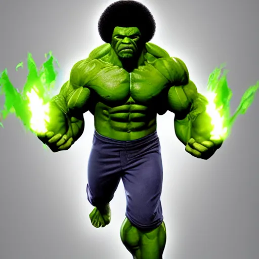 Image similar to photomanipulation of BOB ROSS as hulk, marvel, fully detailed, volumetric lightening, octane render