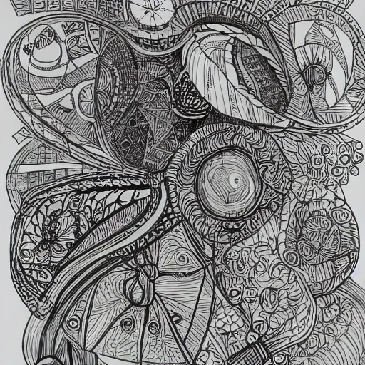 Image similar to escapism, detailed intricate sketch, 4k, illustration, cross hatched, black ink on white paper