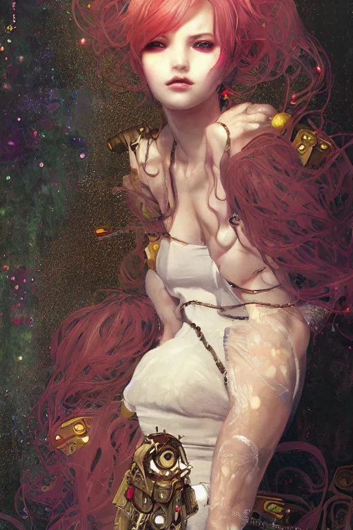 Image similar to portrait of beautiful young golbin fairy, cyberpunk, Warhammer, highly detailed, artstation, illustration, art by Gustav Klimt and Range Murata and Ilya Kuvshinov and Sakimichan