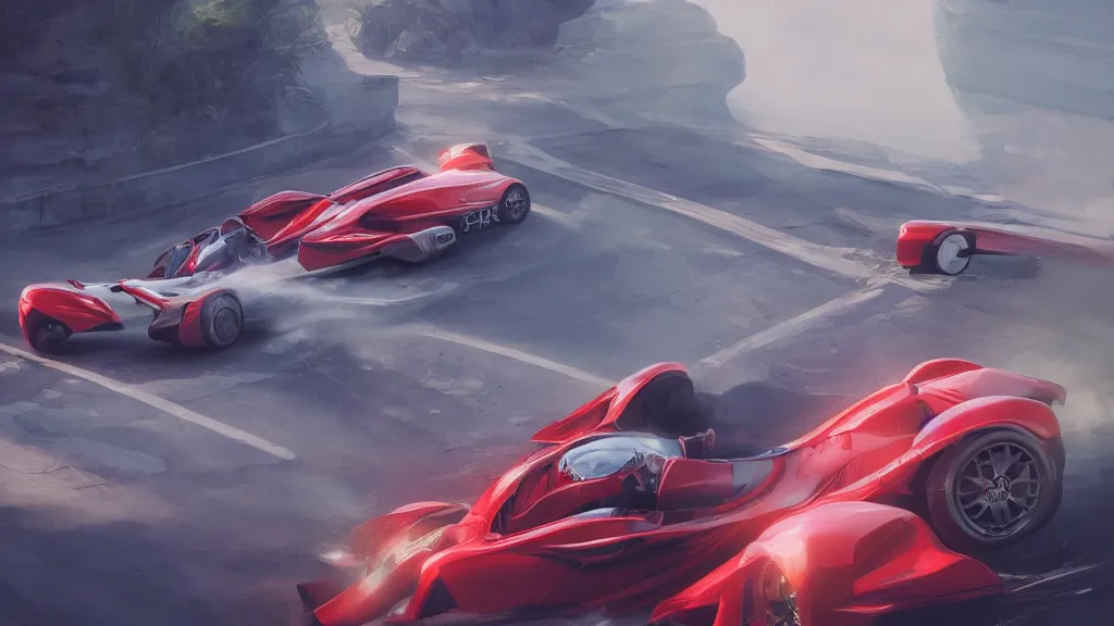 Image similar to Racing car red trail behind it, cinematic shot, epic, volumetric lighting, made by Stanley Artgerm Lau, WLOP, Rossdraws, ArtStation, CGSociety, concept art, cgsociety, octane render, trending on artstation, artstationHD, artstationHQ, unreal engine, 4k, 8k,