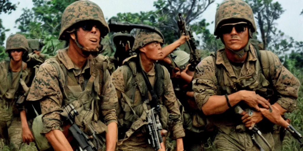 Image similar to u. s. marines move through a landing zone 1 9 6 9, vietnam war, soldiers closeup, face closeup, us flag, jungles in the background, coloured film photography, exposed colour film, ken burns photography lynn novick photography