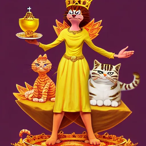 Image similar to fullbody!! personification of garfield the cat as a goddess holding lasagna wearing a crown of gleaming gems, stunning, hyperrealistic, trending on artstation, smooth and sharp, intricate, fine details, elegant, religious, dynamic pose, detailed and intricate environment, professional character concept art by tatyana kupriyanova and greg rutkowski and raymond swanland