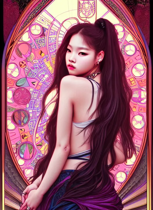 Image similar to jennie manoban of blackpink, tarot card, highly detailed, digital painting, smooth, sharp focus, illustration, ultra realistic, 8 k, art by artgerm and alphonse mucha