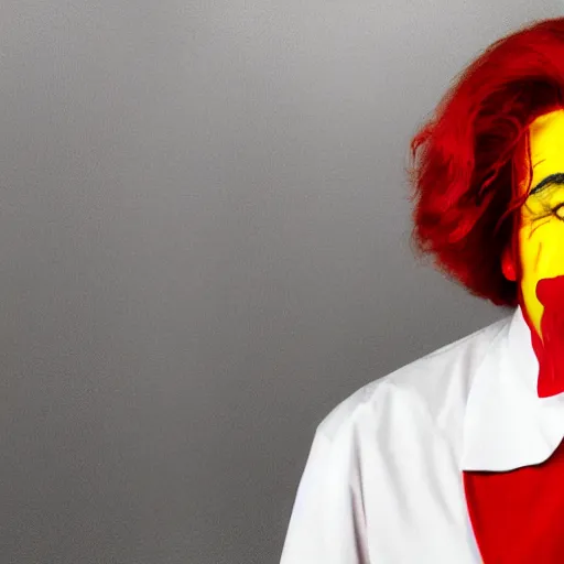 Image similar to portrait photograph of Ronald-McDonald with an angry stare
