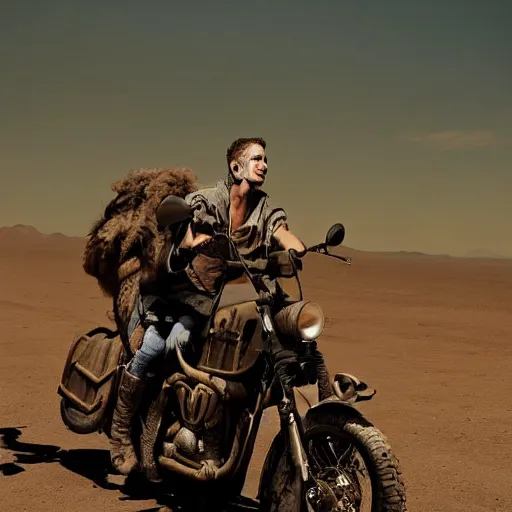 Prompt: Post Apocalyptic scavenger riding a motorcycle in a large desert