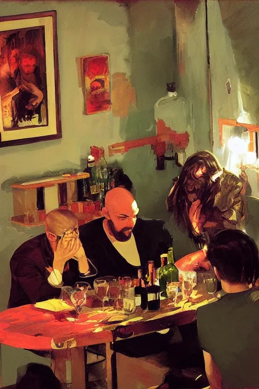 Image similar to punk rockers drinking brutal and raw wine, inside a tiny green room with red lights by joaquin sorolla, greg rutkowski, bill sienckiwicz, extremely detailed