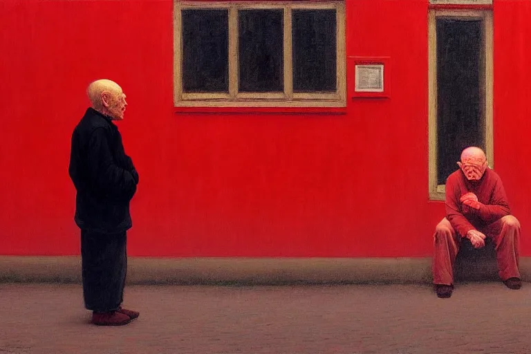 Image similar to only with red, a red old man try to sell a portrait, cheering crowd, in a old city square, in the style of beksinski, parts by edward hopper, parts by rodcenko, parts by yue minjun, intricate and epic composition, red by caravaggio, insanely quality, highly detailed, masterpiece, red light, artstation, 4 k