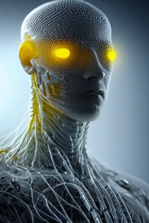 Image similar to hyperrealistic close-up translucent intricate exoskeleton!! sad chinese man covered highly detailed concept art eric zener elson peter cinematic side soft yellow light high angle hd 8k sharp shallow depth of field