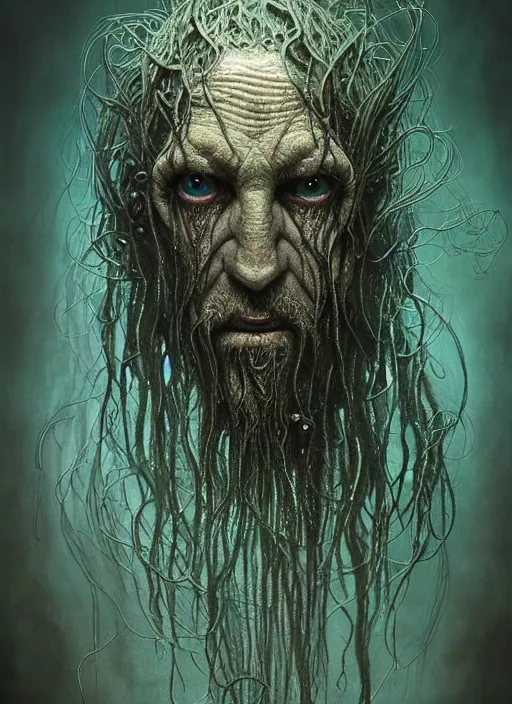 Prompt: portrait of a old lovecraftian underwater fish man hybrid with long wet tattered tangles of thinning black hair, eerie glowing eyes, wall hanging trophy taxidermy, hyper realistic head, fantasy art, in the style of greg rutkowski, zdizslaw beksinski, intricate, alphonse mucha, hyper detailed, smooth