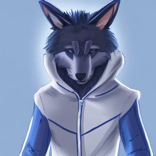 Image similar to an anthro anthropomorphic furry fursona hybrid of a blue german shepherd and a blue fox, with blue fur and blue eyes in a hoodie, award winning digital art, trending on furaffinity, artstation, pixiv