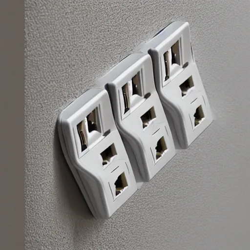 Image similar to a power outlet with 4 power sockets, each power socket has a different smart plug inserted into the socket