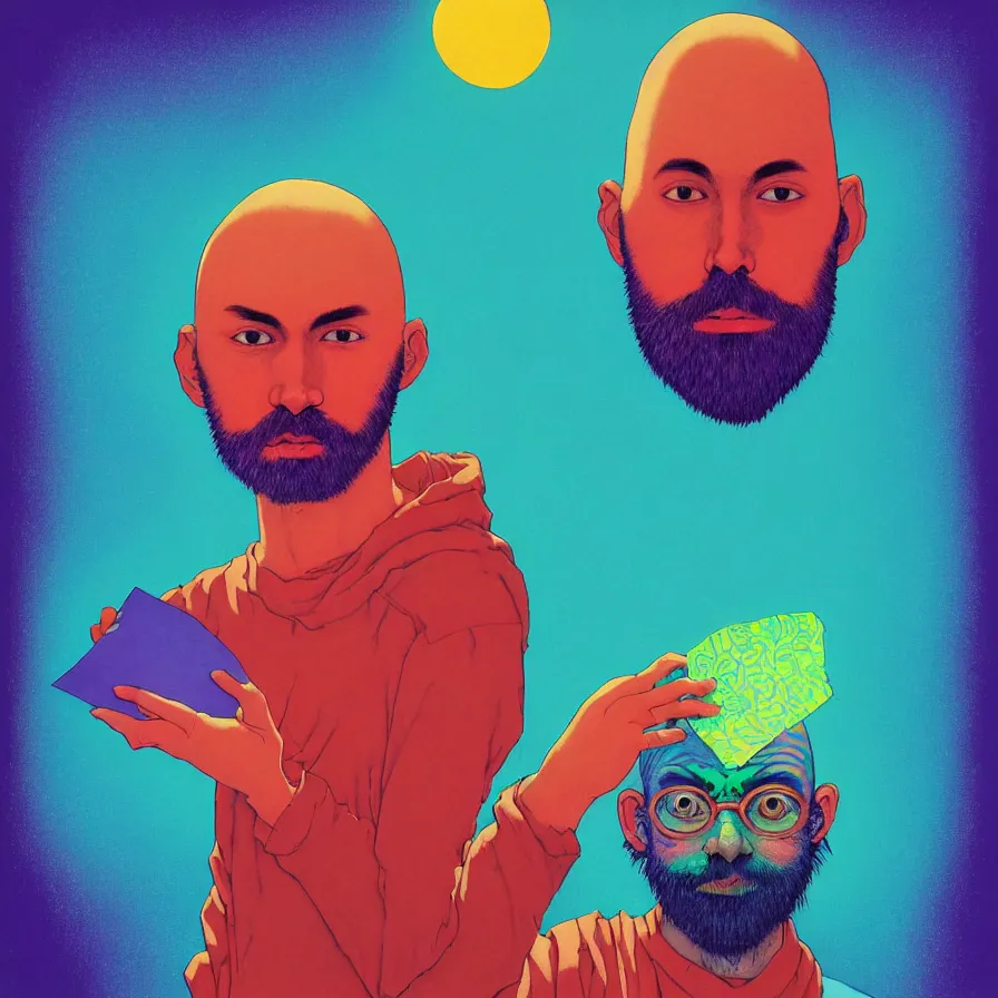 Prompt: a crazy portrait of one single young bald bearded man holding a colorful blotter paper of lsd acid and dreaming psychedelic hallucinations in the vast icy landscape of antarctica, by soul bass, kawase hasui, moebius and edward hopper, colorful flat surreal design, xray hd, 8 k, artstation
