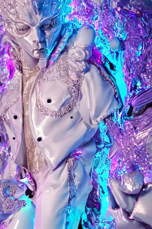 Prompt: hyper detailed ultra sharp photo of baroque and bladerunner neon crystalline ceramic sculpture of seductive muscular prince kit butler dotado albino pink iridescent humanoid deity wearing blue hooded metallic tuxedo holding an glass skull in a onyx dungeon, reclining, glowing magenta face, crown of white diamonds, cinematic lighting, photorealistic, octane render 8 k depth of field 3 d