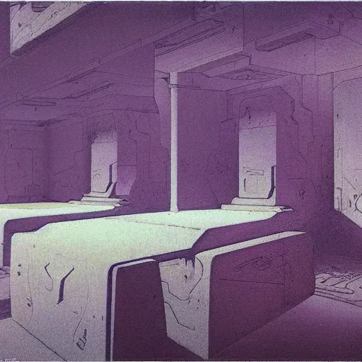 Image similar to photograph of a syd mead scifi ancient civilzation empty room, purple sun, beksinski