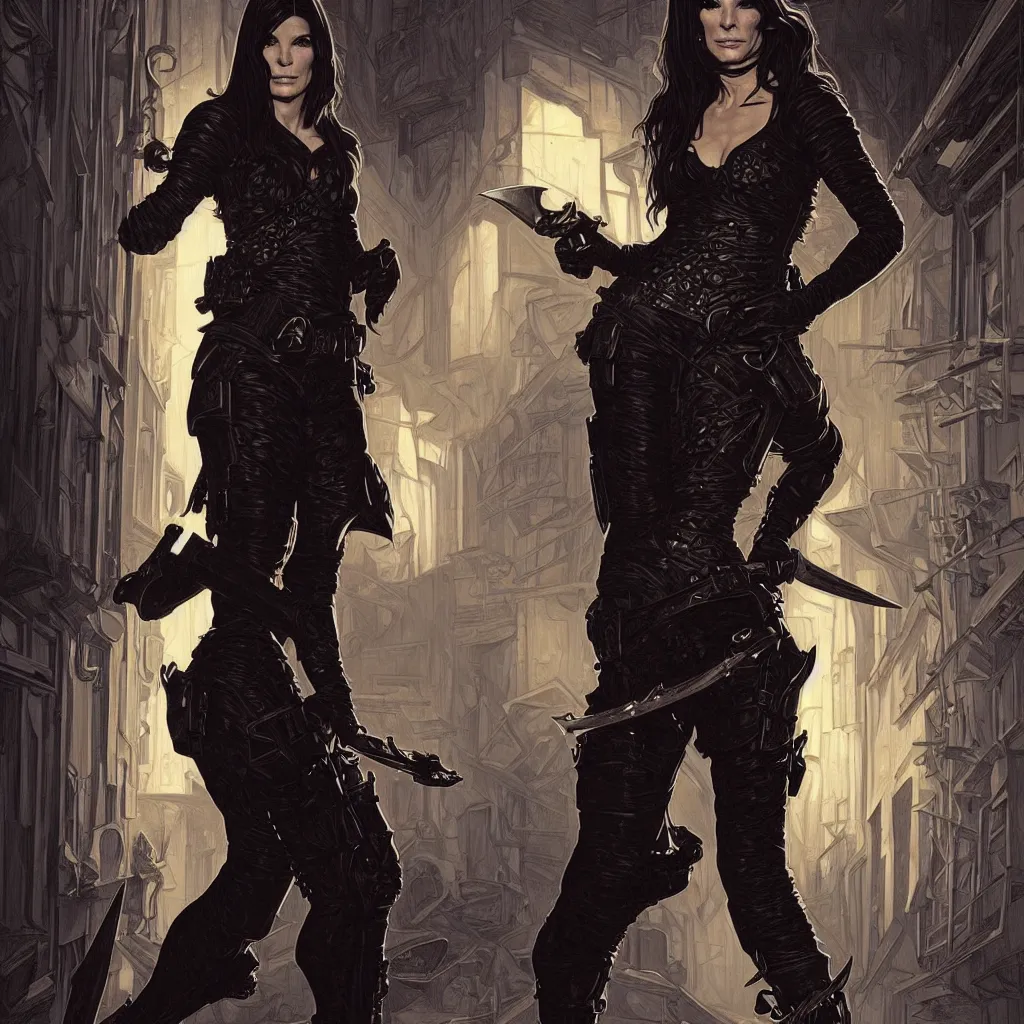 Image similar to portrait of a young sandra bullock as a thief wearing black leather armor and wielding a dagger in a dark alleyway, fantasy, intricate, elegant, highly detailed, digital painting, artstation, concept art, matte, sharp focus, illustration, art by travis charest and alphonse mucha