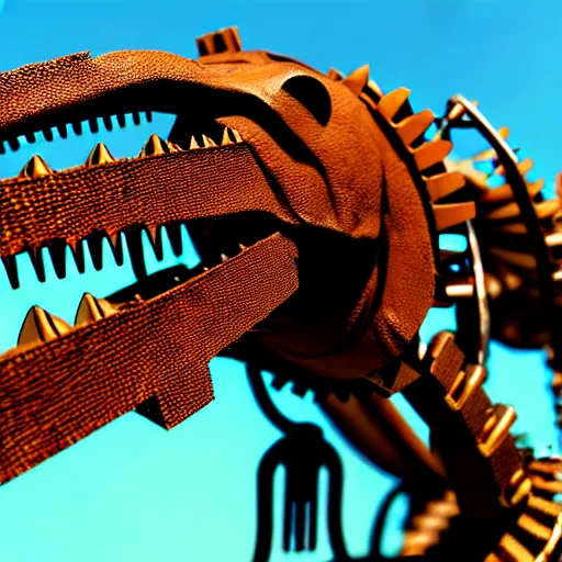 Image similar to a t-rex made out of rusty gears and wires showing life signs, photorealistic, bokeh, octane render, coherent