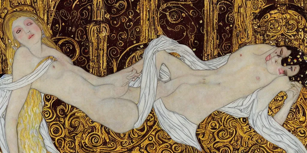 Image similar to a fresco of a blonde maiden in a white gothic dress, lying on the floor of a church, surrounded by golden decorations, white marble, some white flowers, in a luxurious style, by klimt