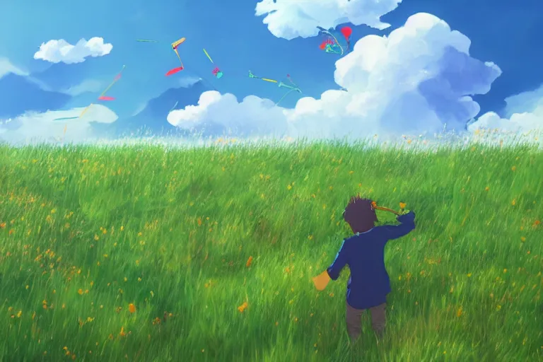 Prompt: grassy meadow with lots of wildflowers, a boy flying a kite in the distance, large cumulonimbus clouds, makoto shinkai