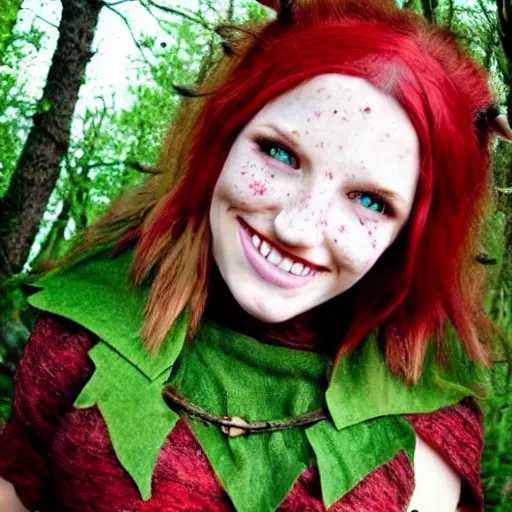 Image similar to elf druid, feminine, smiling, freckles, green eyes, red hair, tall