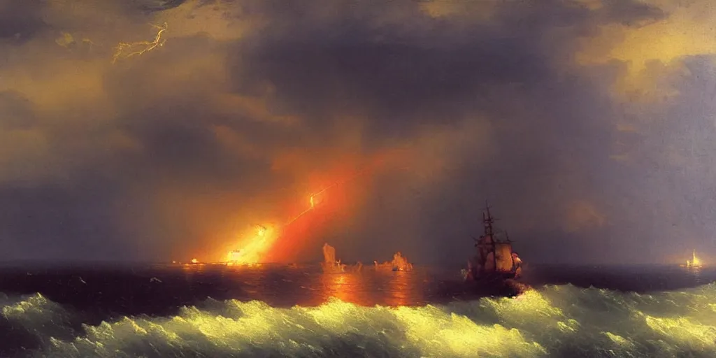 Image similar to a painting of a ship in a lightning storm on fire, struck by lightning, by ivan aivazovsky