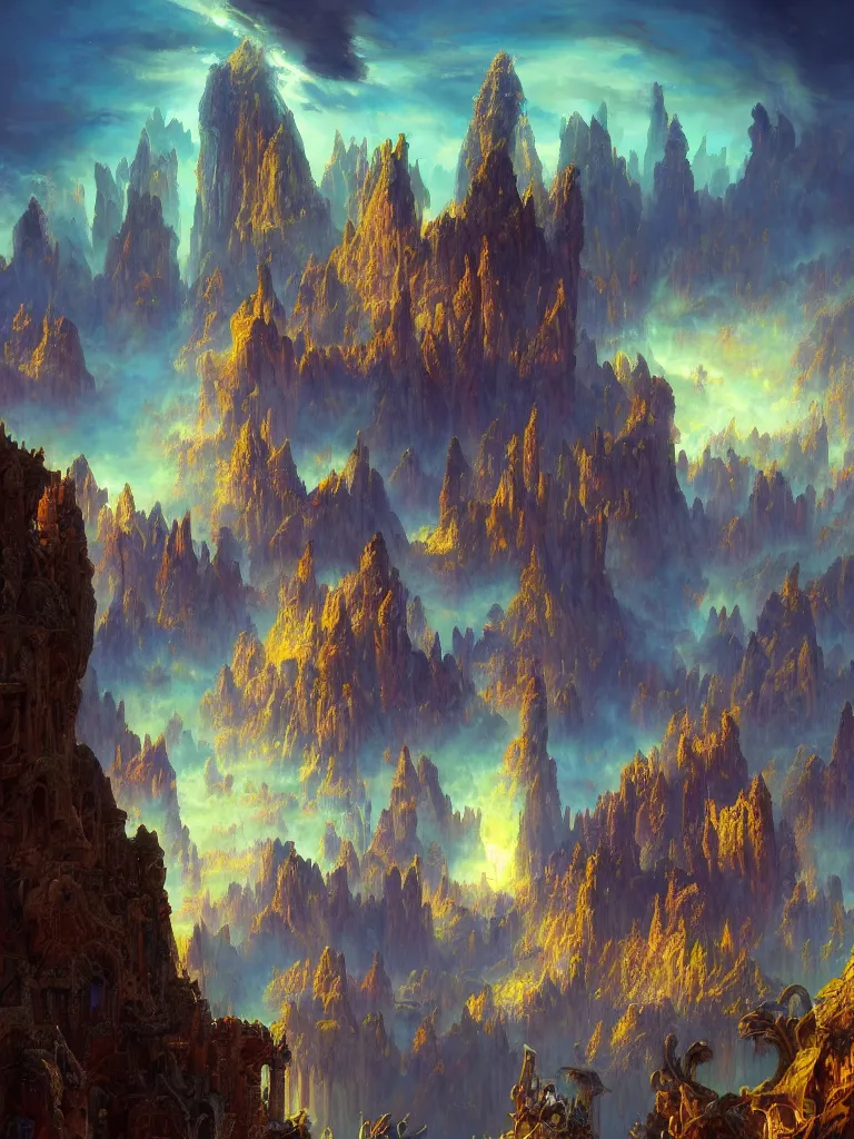 Prompt: close shot angle from above of epic intrincated colliseum fantasy landscape, vibrant vivid high contrast color scheme, highlights!, atmospheric perspective, large ancient giant colums!!!, gothic architecture!!!!, giant church of the gods!!!, pointy risks mountains, in the style of peter mohrbacher and greg rutkowski and marius borgeaud