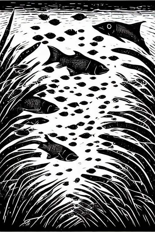 Prompt: art by brian reedy, a beautiful black ink linocut print of a school of tropical fish, 8 k, frostbite 3 engine, cryengine, ground level shot, dof, trending on artstation, digital art, crepuscular ray