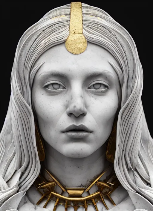 Prompt: a statue made of a gorgeous devil woman, made of white marble with gold veins, full body shot, perfect symmetrical body, perfect symmetrical face, black eyes, hyper realistic, hyper detailed, fujicolor superia photo, by johannen voss, by peter kemp, by monia merlo, by michelangelo, octane render, blender, 8 k