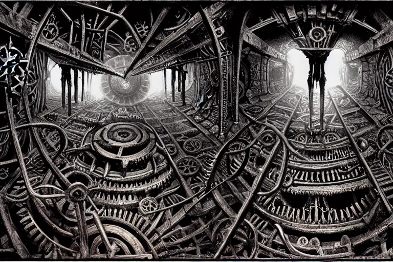 Prompt: the inside of a symmetrical hellish dungeon, mirrors and ancient gears, matte painting, 4 k, epic composition, volumetric light, abstract illusionism, by william stout, roberto da matta, pour paint