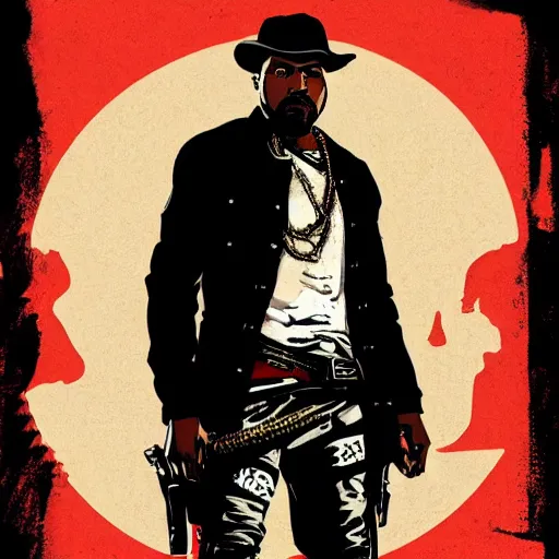 Image similar to kanye west in stephen bliss illustration red dead redemption 2 artwork of kanye west, in the style of red dead redemption 2 loading screen, by stephen bliss, artstation