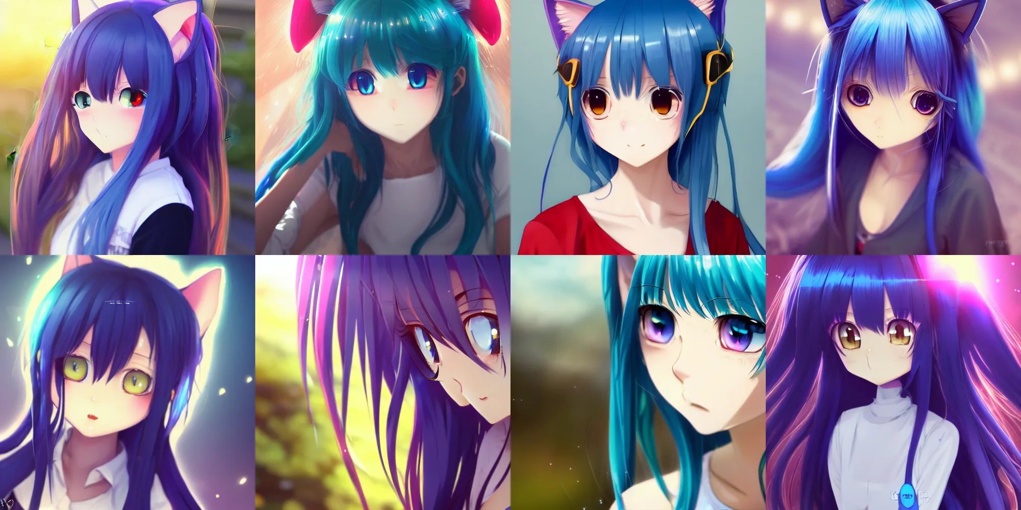 Prompt: very beautiful anime cat girl, neko, long blue hair, azure blue watery eyes, full round face, lens flare, cinematic lighting, full shot, highly realistically detailed, trending on pixiv, sayori, Unreal Engine 4k, Ishikei, WLOP, Hisasi, Oda Non, Omina Tachibana, James Jean, Ilya Kuvshinov, Sakimichan