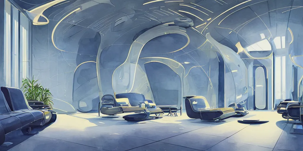 Image similar to a beautiful illustration of futuristic interior hall, lots of furniture, sofa, waiting room, big medium small, sacred geometry, golden ratio, in watercolor gouache detailed paintings, in style of syd mead, trending on artstation,8k, panel, hard surface, vent, zaha hadid, props, plant, cozy,decoration around the room, simon stalenhag, deus ex