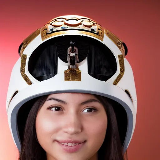 Image similar to centered medium shot fine studio photograph of a young woman wearing only a futuristic mecha Mayan helmet with bright lights, ultra-realistic, white background, 8k HDR, intricate